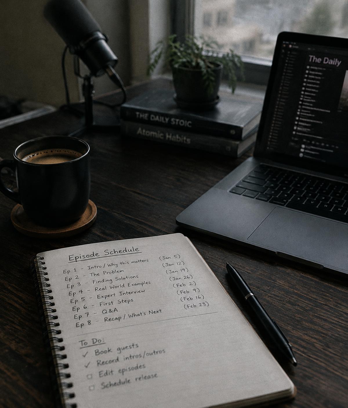 Schreibtisch mit Episodenplanung, Laptop und Mikrofon